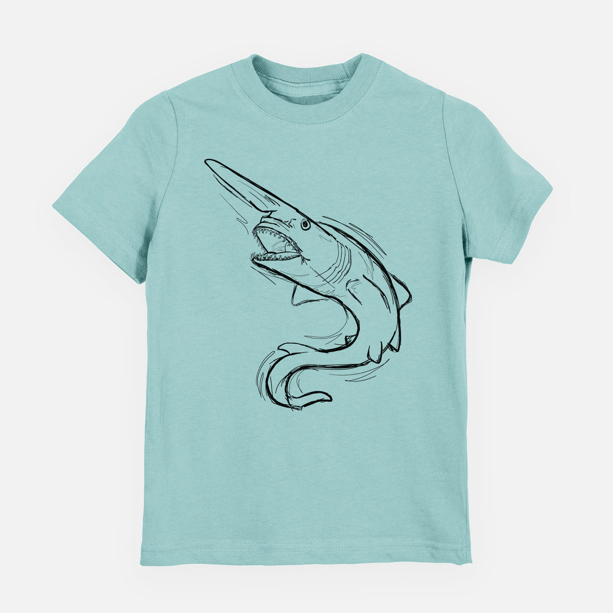 Saltwater youth t-shirt laid flat, printed with a black ink illustration of a goblin shark with its long snout, swimming in a curve.