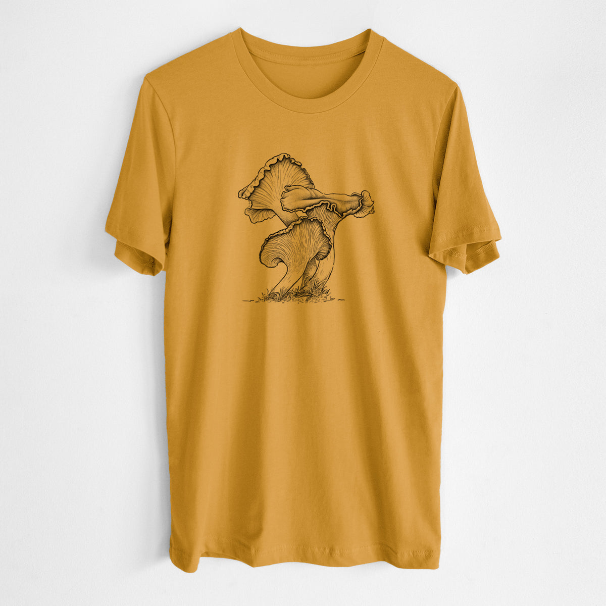 Honeycomb yellow lightweight cotton t-shirt laid flat, printed with a detailed black ink illustration of golden chanterelle mushrooms.