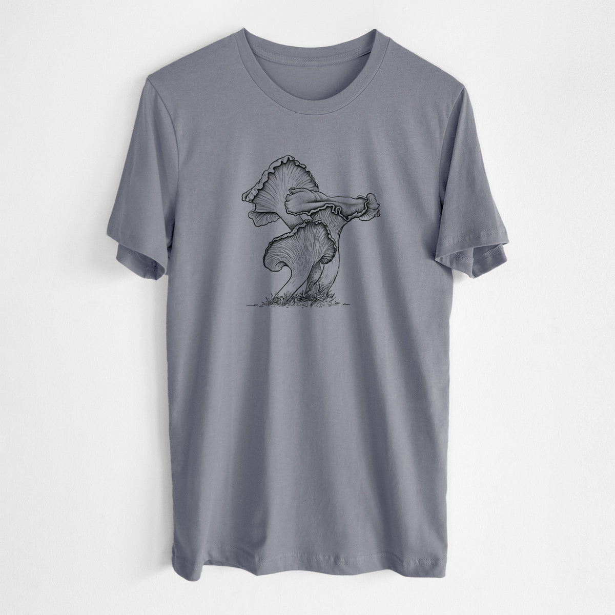 Storm grey lightweight cotton t-shirt laid flat, printed with a detailed black ink illustration of golden chanterelle mushrooms.