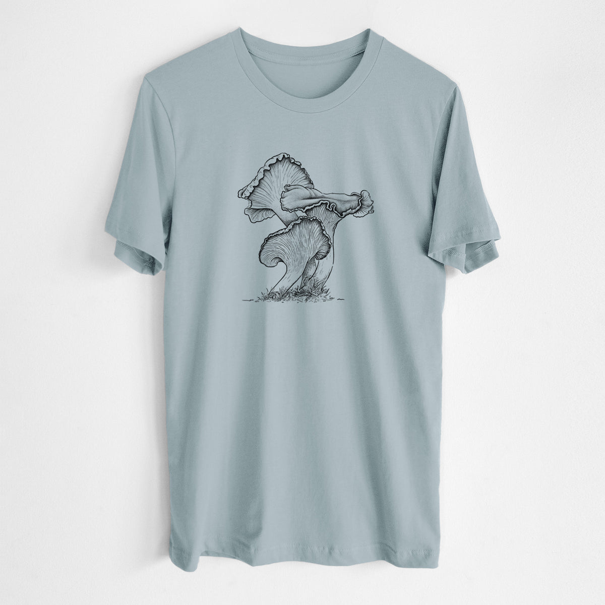 Vintage denim lightweight cotton t-shirt laid flat, printed with a detailed black ink illustration of golden chanterelle mushrooms.