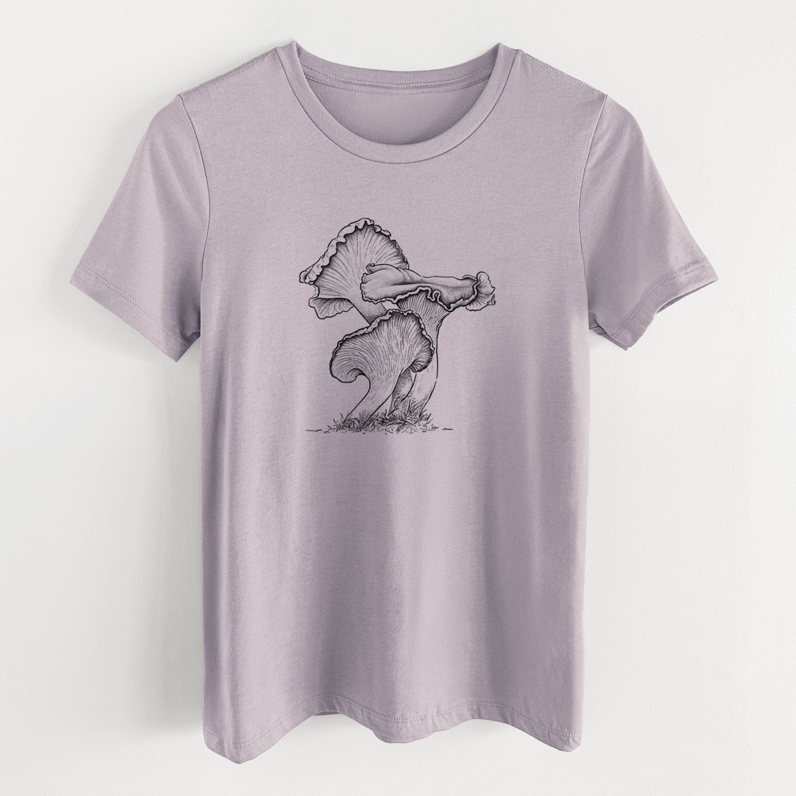 Light violet women's relaxed fit cotton t-shirt laid flat, printed with a detailed black ink illustration of golden chanterelle mushrooms.