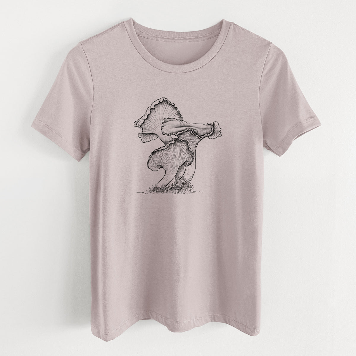Pink gravel women's relaxed fit cotton t-shirt laid flat, printed with a detailed black ink illustration of golden chanterelle mushrooms.