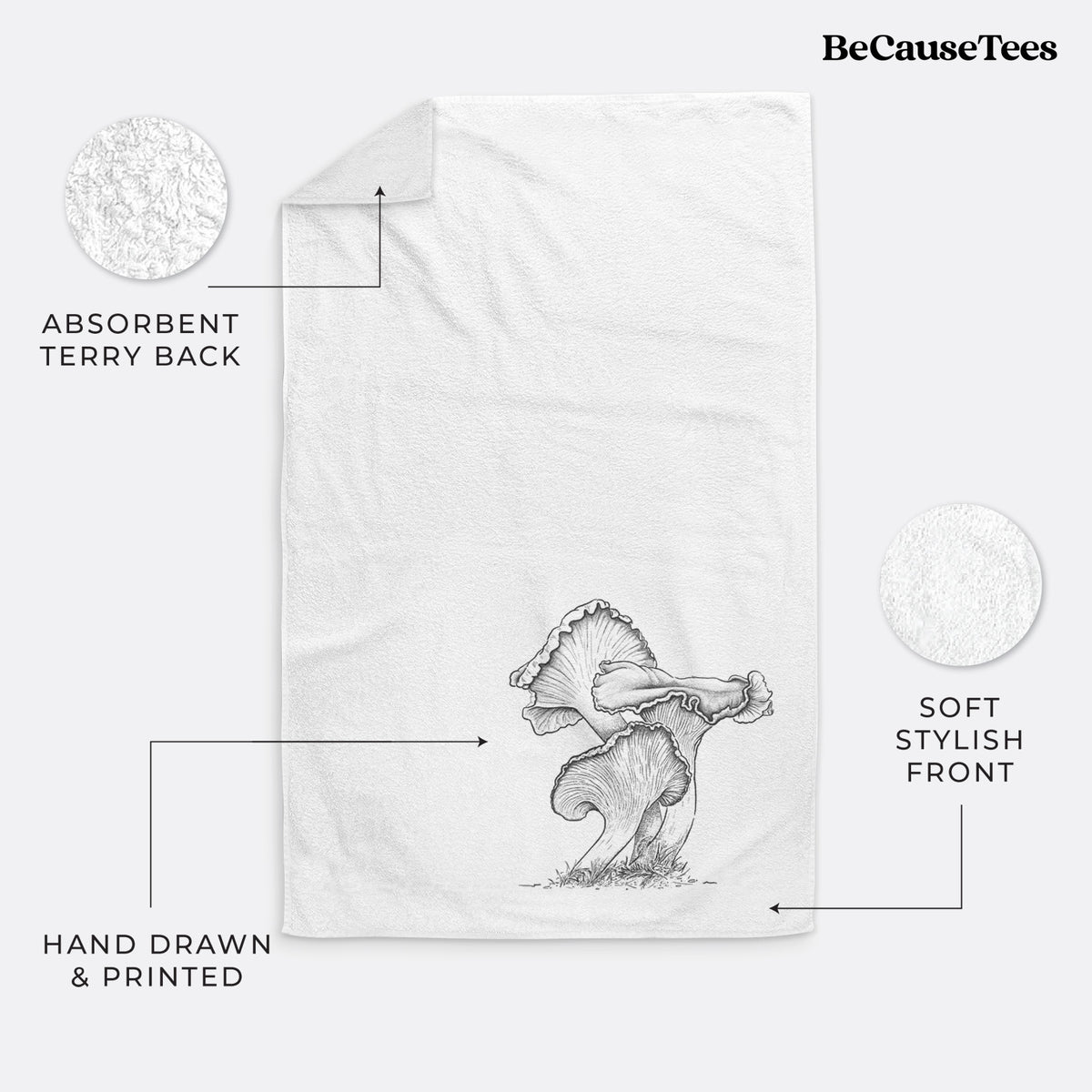 White hand towel printed with a detailed black ink illustration of golden chanterelle mushrooms.