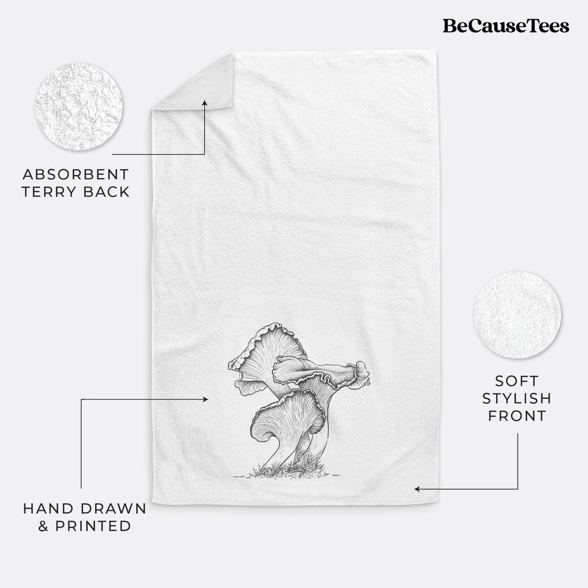 White hand towel printed with a detailed black ink illustration of golden chanterelle mushrooms.
