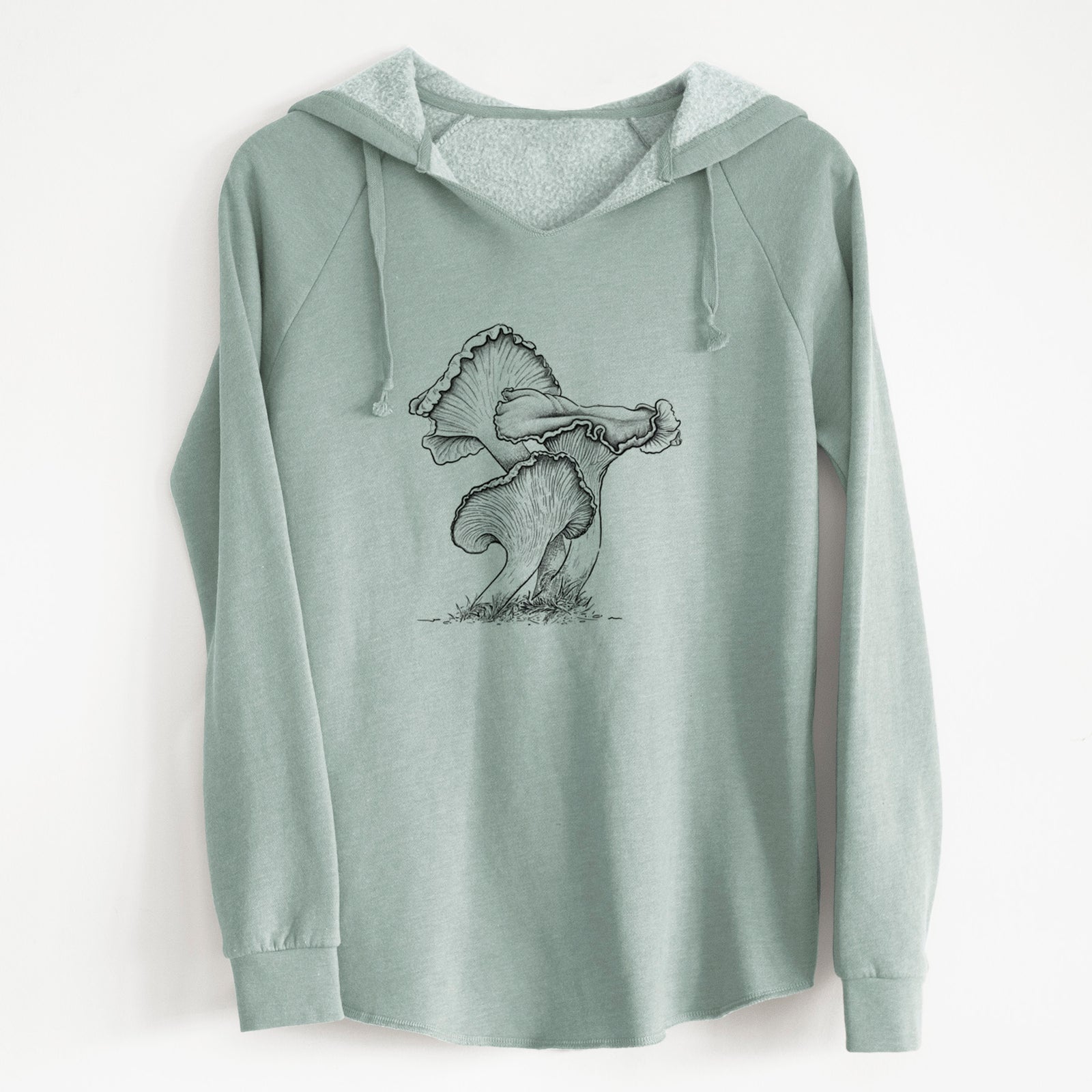 Sage green women's Cali Wave hooded sweatshirt laid flat, printed with a detailed black ink illustration of golden chanterelle mushrooms.