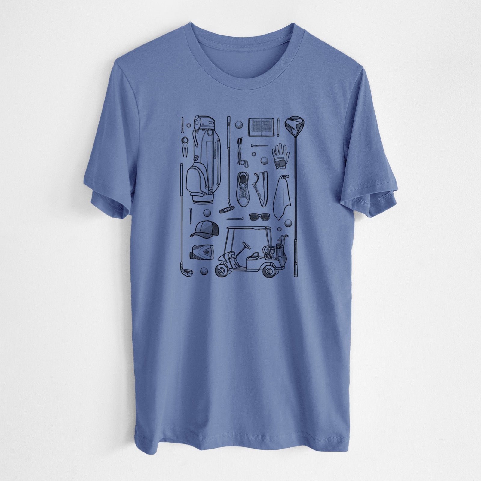 Blue bell lightweight cotton t-shirt laid flat, printed with a black ink flat lay of golf gear, including a bag, clubs, balls, a cap, gloves and a cart.