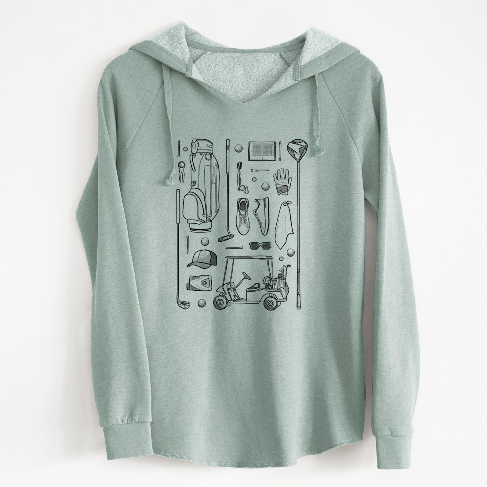 Sage green women's Cali Wave hooded sweatshirt laid flat, printed with a black ink flat lay of golf gear, including a bag, clubs, balls, a cap, gloves and a cart.