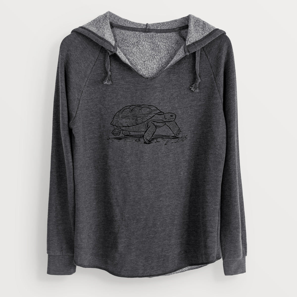 Charcoal grey women's Cali Wave hooded sweatshirt laid flat, printed with a detailed black ink illustration of a gopher tortoise walking.
