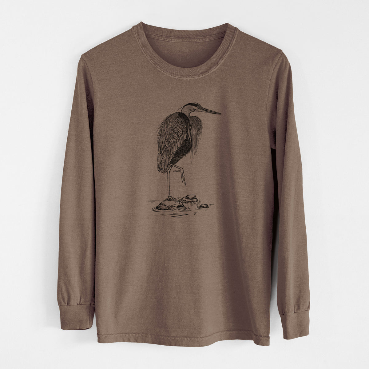 Espresso brown Comfort Colors long sleeve shirt laid flat, printed with a detailed black ink illustration of a great blue heron standing on rocks.