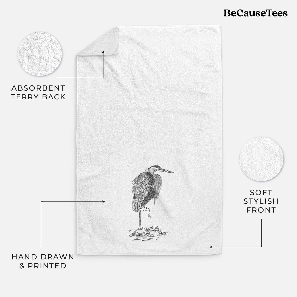 White hand towel printed with a detailed black ink illustration of a great blue heron standing on rocks.
