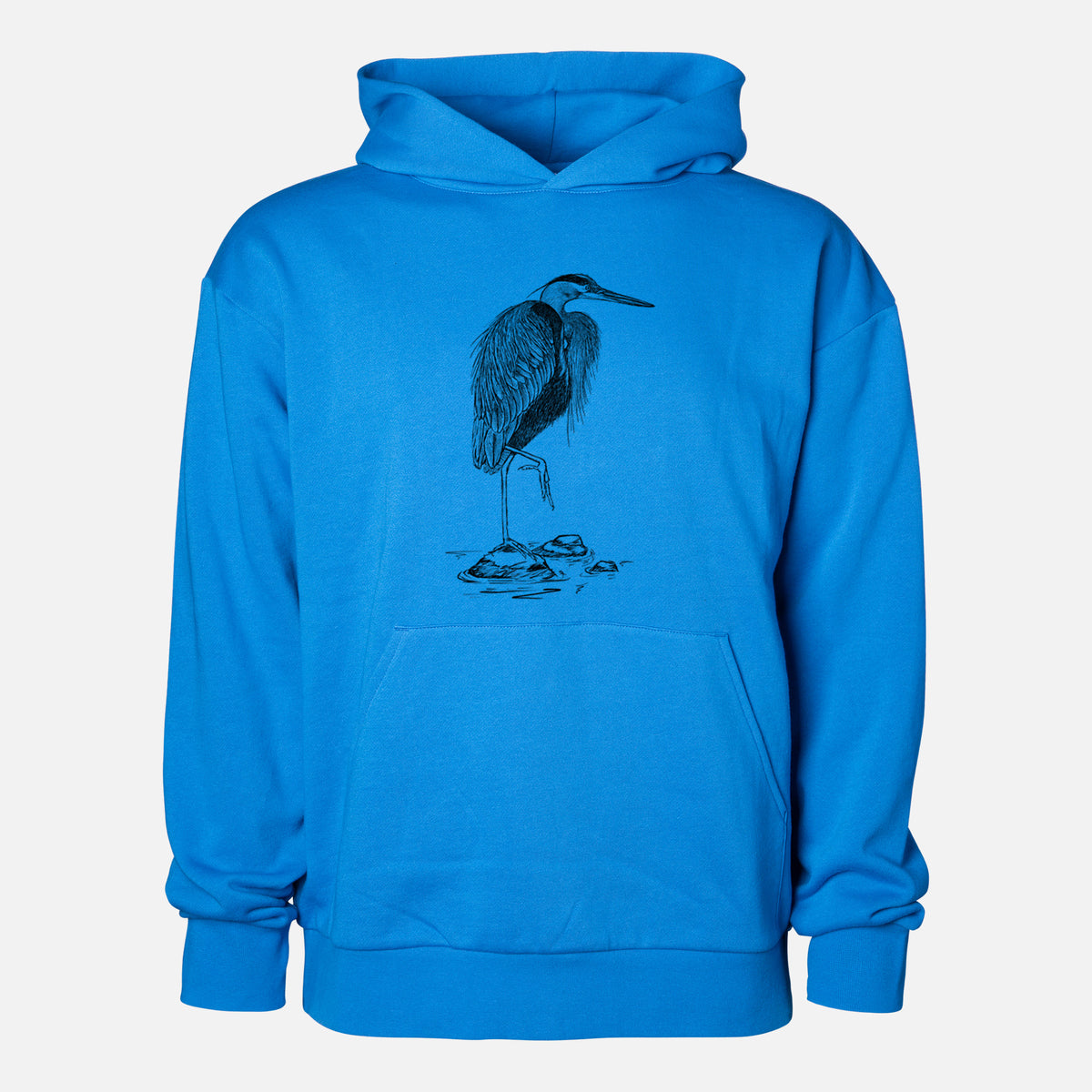 Ardea herodias - Great Blue Heron - Statement Midweight Hoodie in Azure Blue, shown from the front with the design printed on the chest above a front kangaroo pocket.
