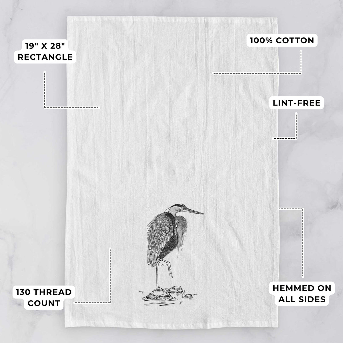White tea towel printed with a detailed black ink illustration of a great blue heron standing on rocks, with feature labels: 19 by 28 inch rectangle, 100% cotton, lint-free, 130 thread count, hemmed on all sides.