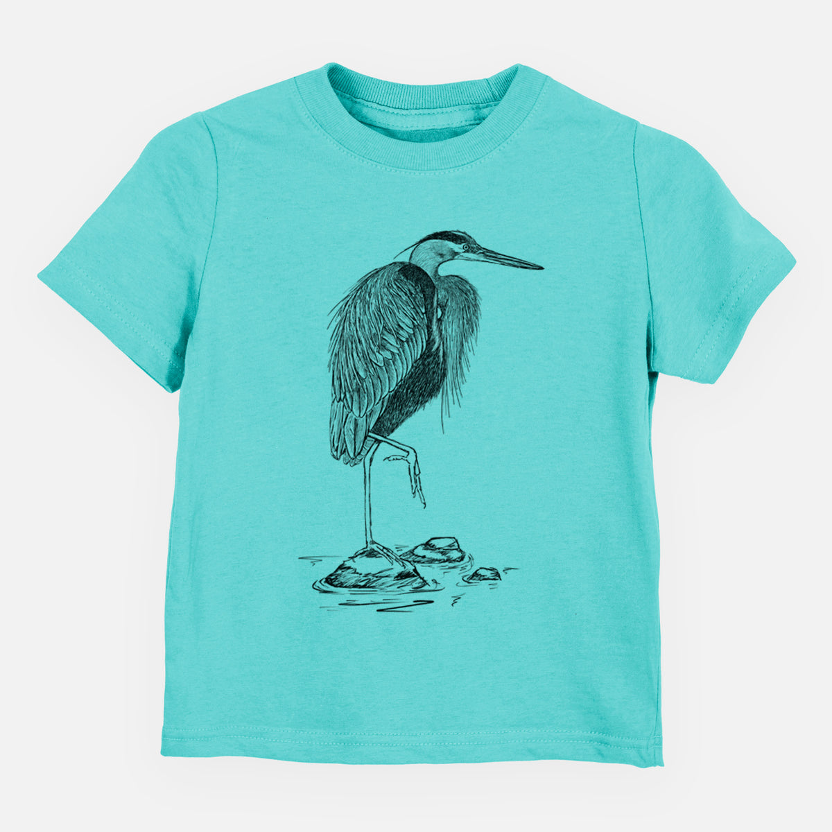 Caribbean blue toddler t-shirt laid flat, printed with a detailed black ink illustration of a great blue heron standing on rocks.