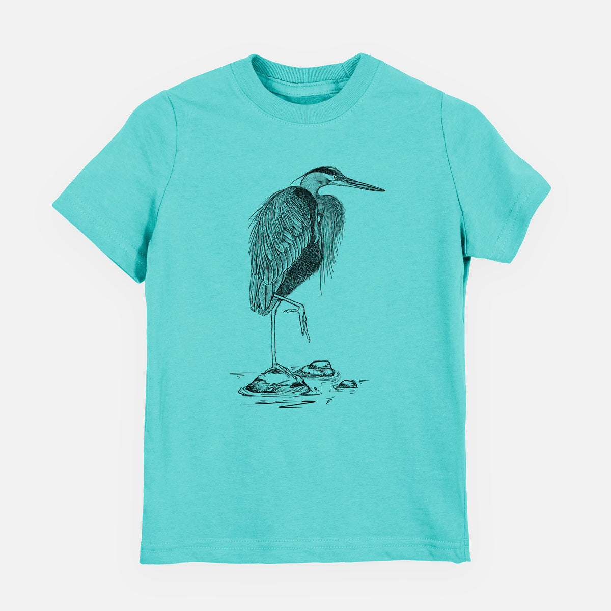 Caribbean blue youth t-shirt laid flat, printed with a detailed black ink illustration of a great blue heron standing on rocks.