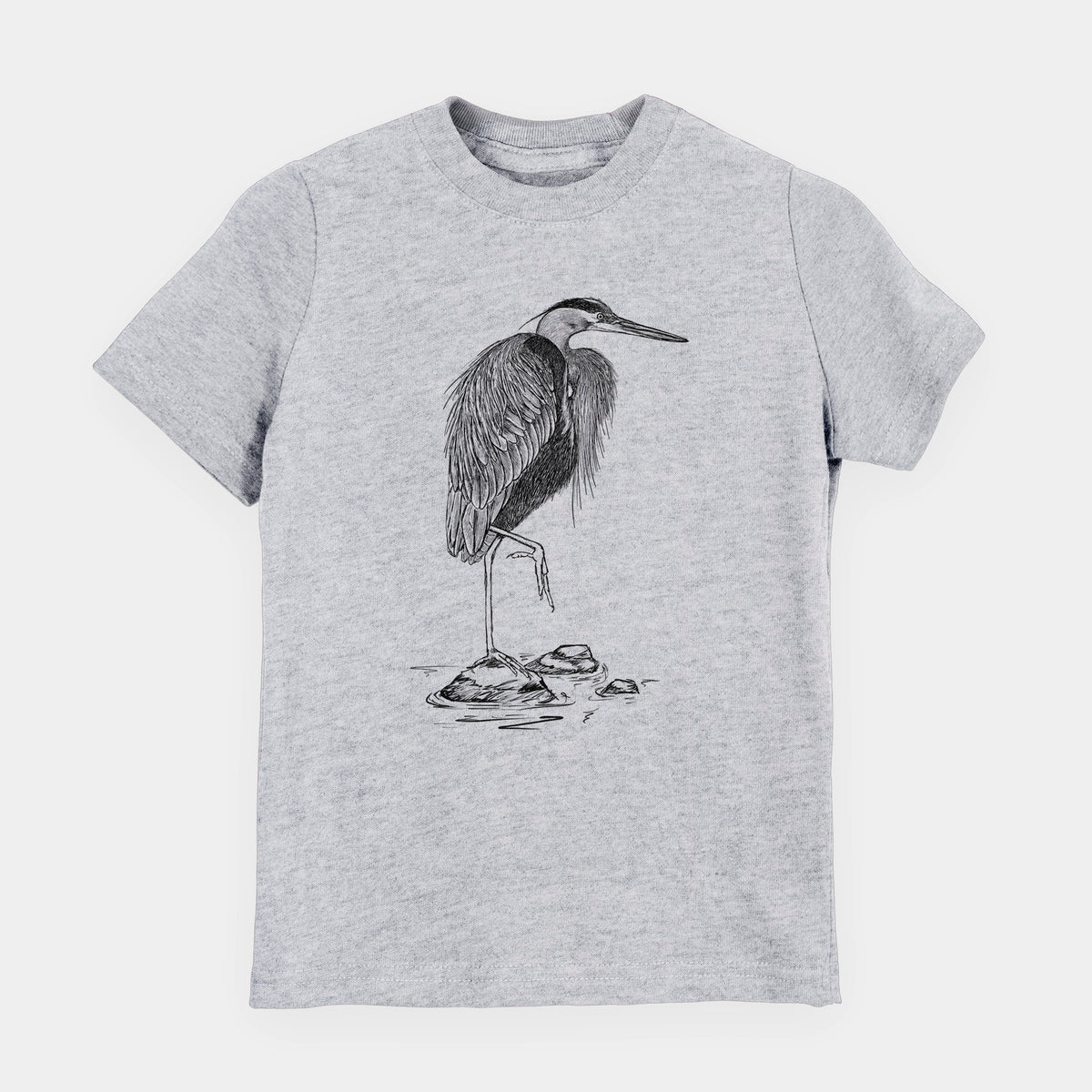 Heather grey youth t-shirt laid flat, printed with a detailed black ink illustration of a great blue heron standing on rocks.