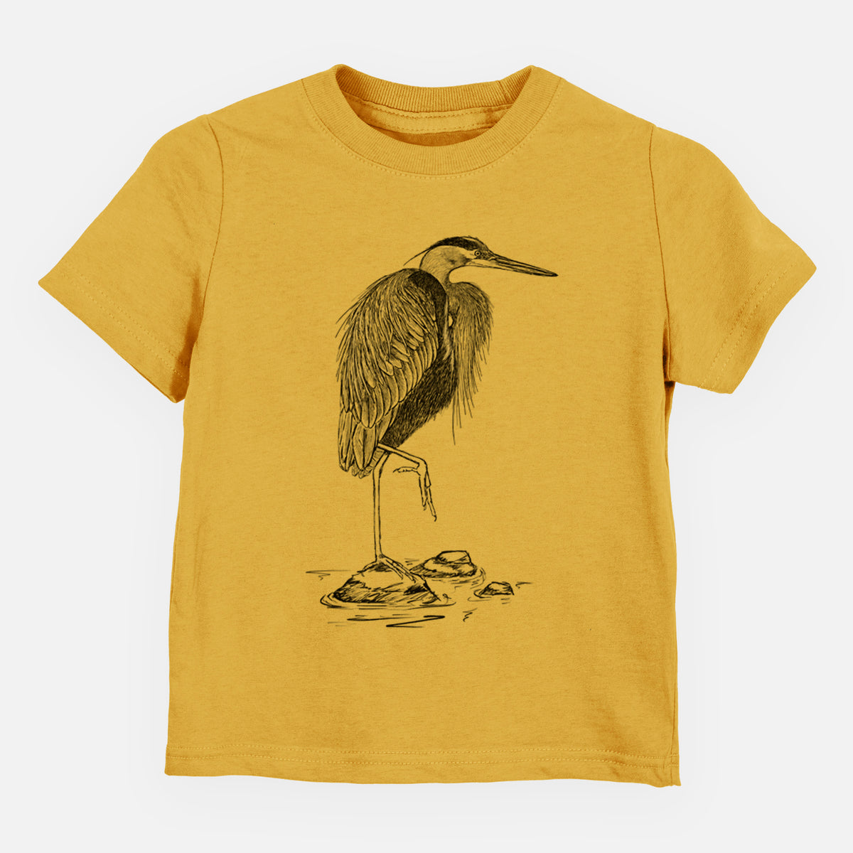 Honeycomb yellow toddler t-shirt laid flat, printed with a detailed black ink illustration of a great blue heron standing on rocks.
