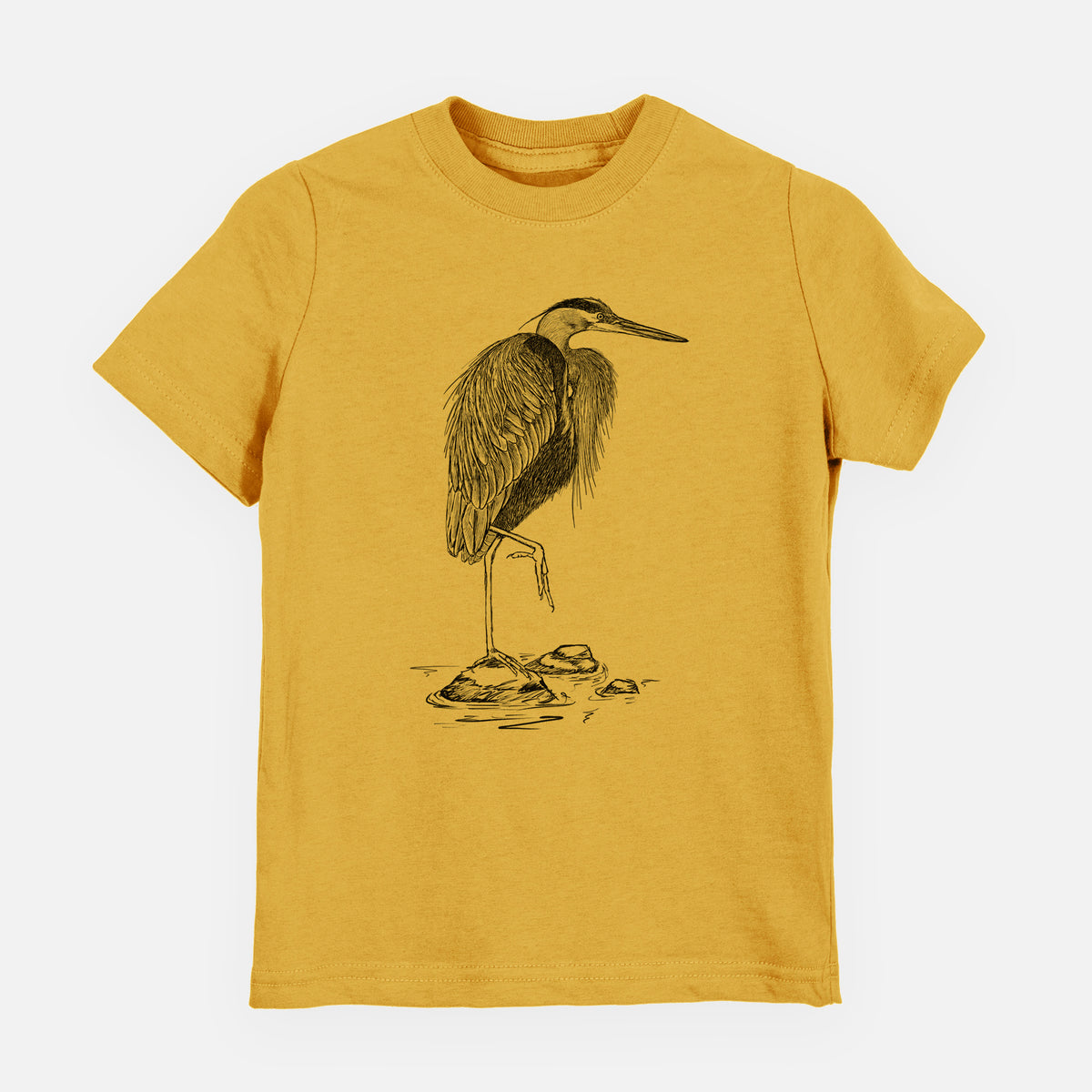 Honeycomb yellow youth t-shirt laid flat, printed with a detailed black ink illustration of a great blue heron standing on rocks.
