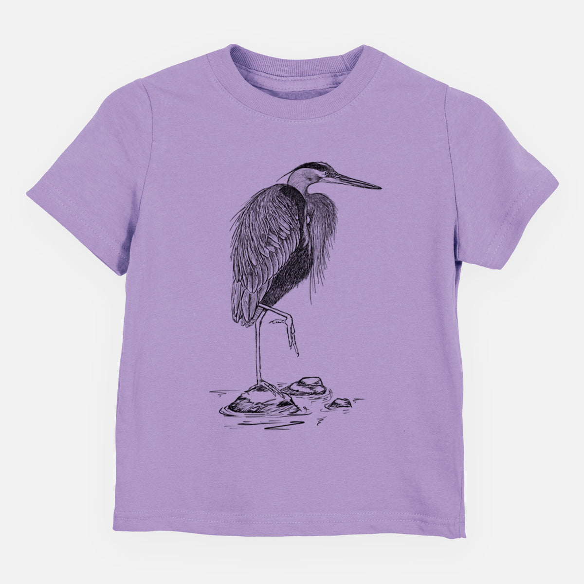 Lavender toddler t-shirt laid flat, printed with a detailed black ink illustration of a great blue heron standing on rocks.