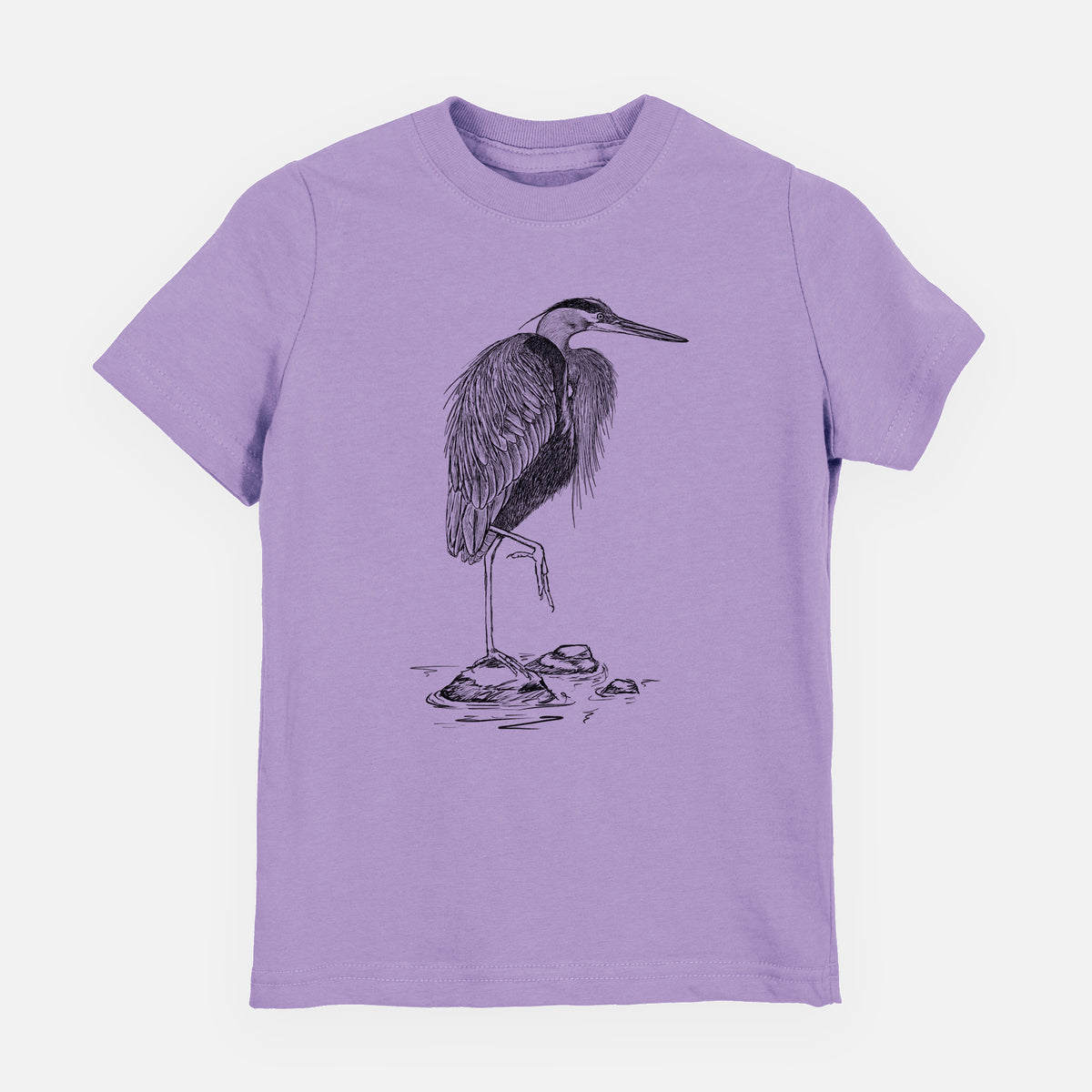 Lavender youth t-shirt laid flat, printed with a detailed black ink illustration of a great blue heron standing on rocks.