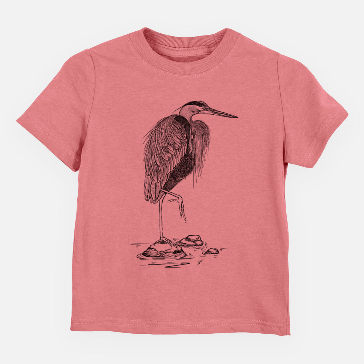Mauve pink toddler t-shirt laid flat, printed with a detailed black ink illustration of a great blue heron standing on rocks.