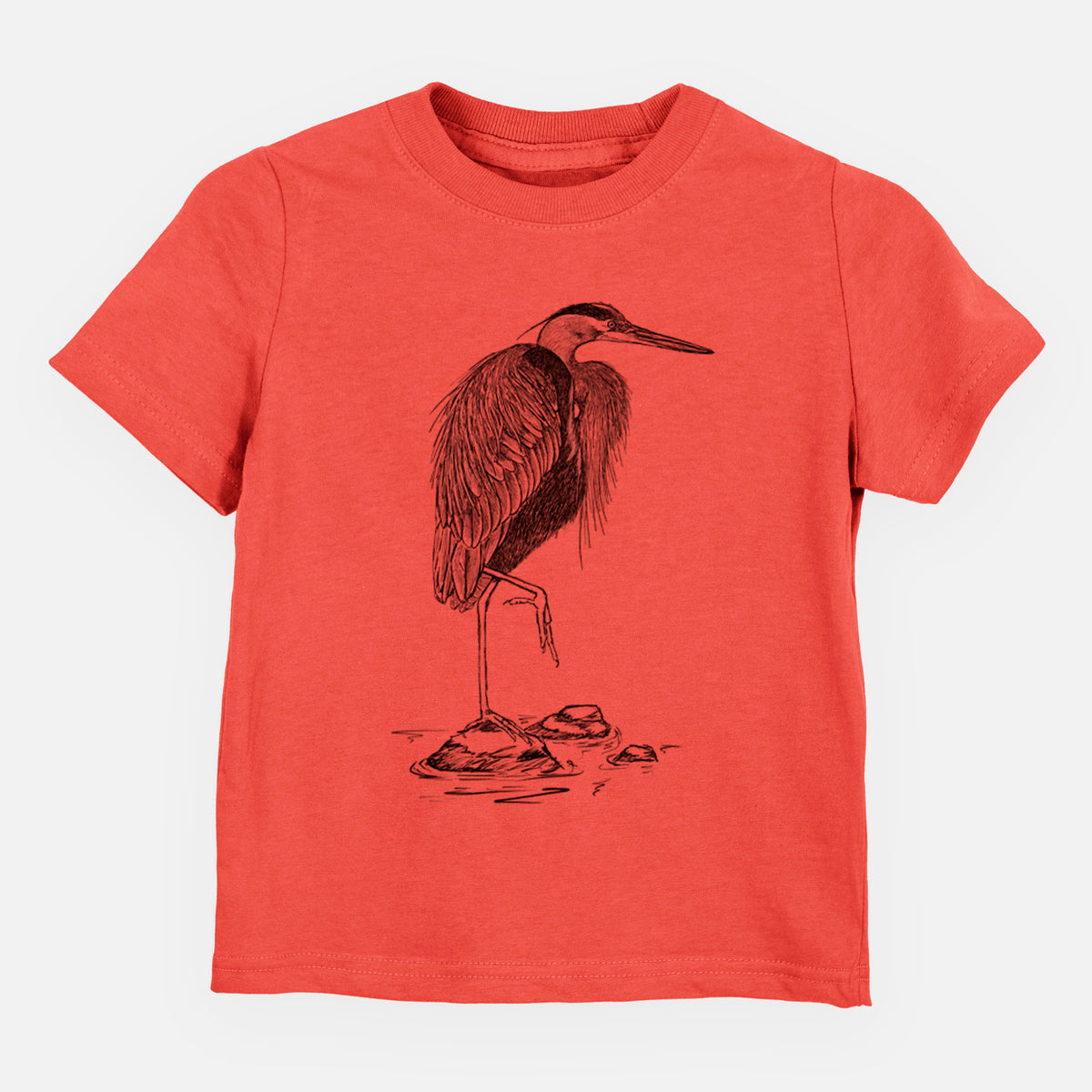 Passionfruit pink toddler t-shirt laid flat, printed with a detailed black ink illustration of a great blue heron standing on rocks.