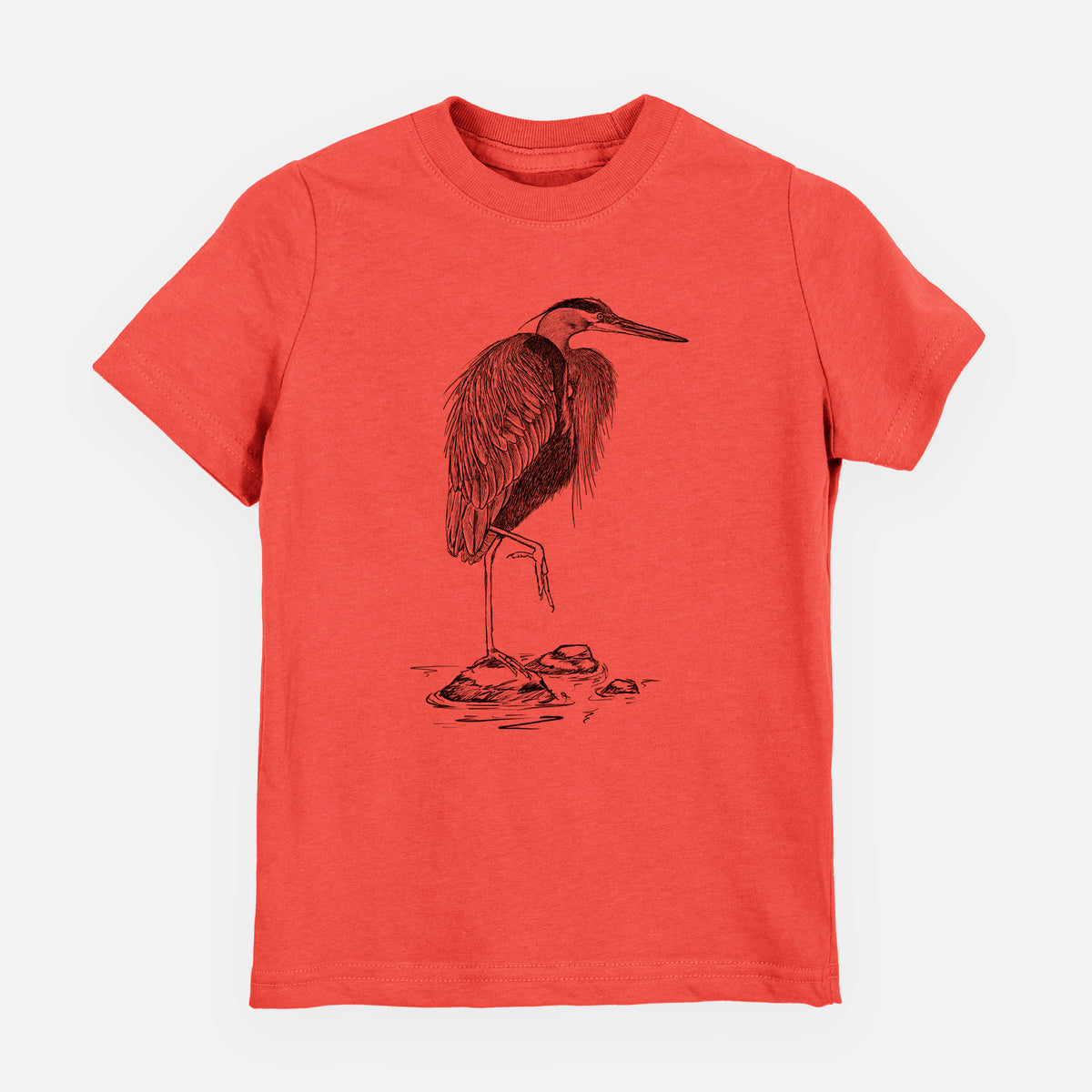 Passionfruit pink youth t-shirt laid flat, printed with a detailed black ink illustration of a great blue heron standing on rocks.