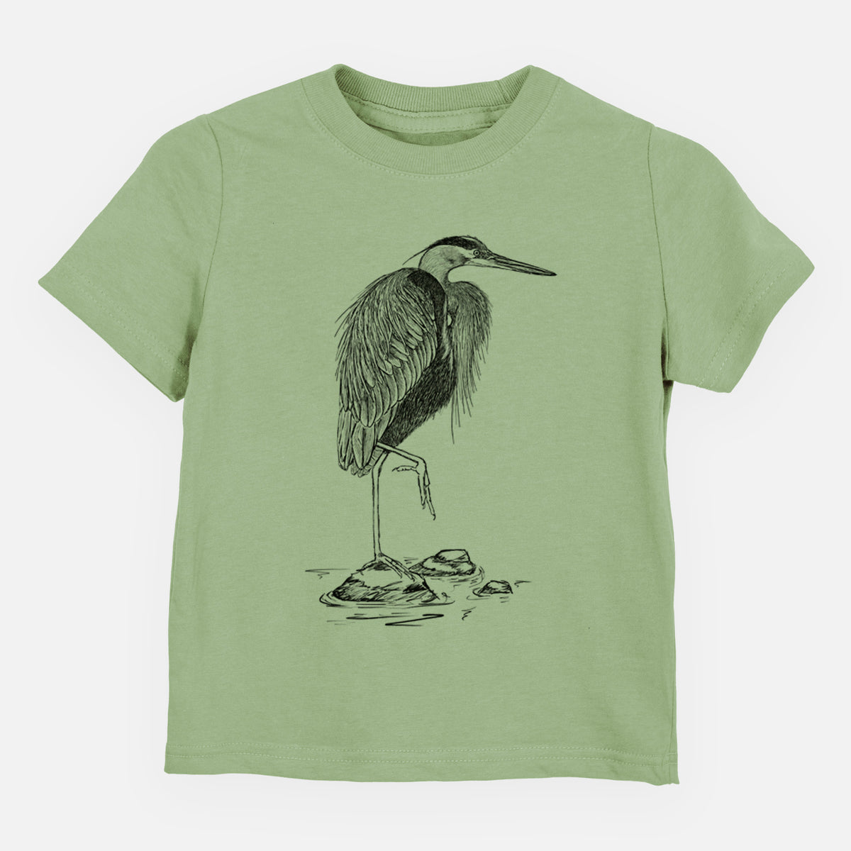 Sage green toddler t-shirt laid flat, printed with a detailed black ink illustration of a great blue heron standing on rocks.