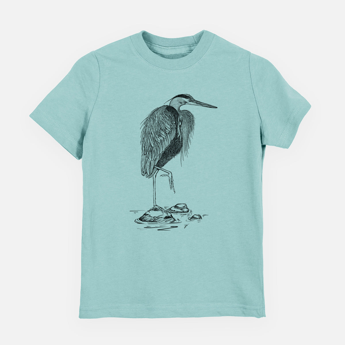 Saltwater youth t-shirt laid flat, printed with a detailed black ink illustration of a great blue heron standing on rocks.