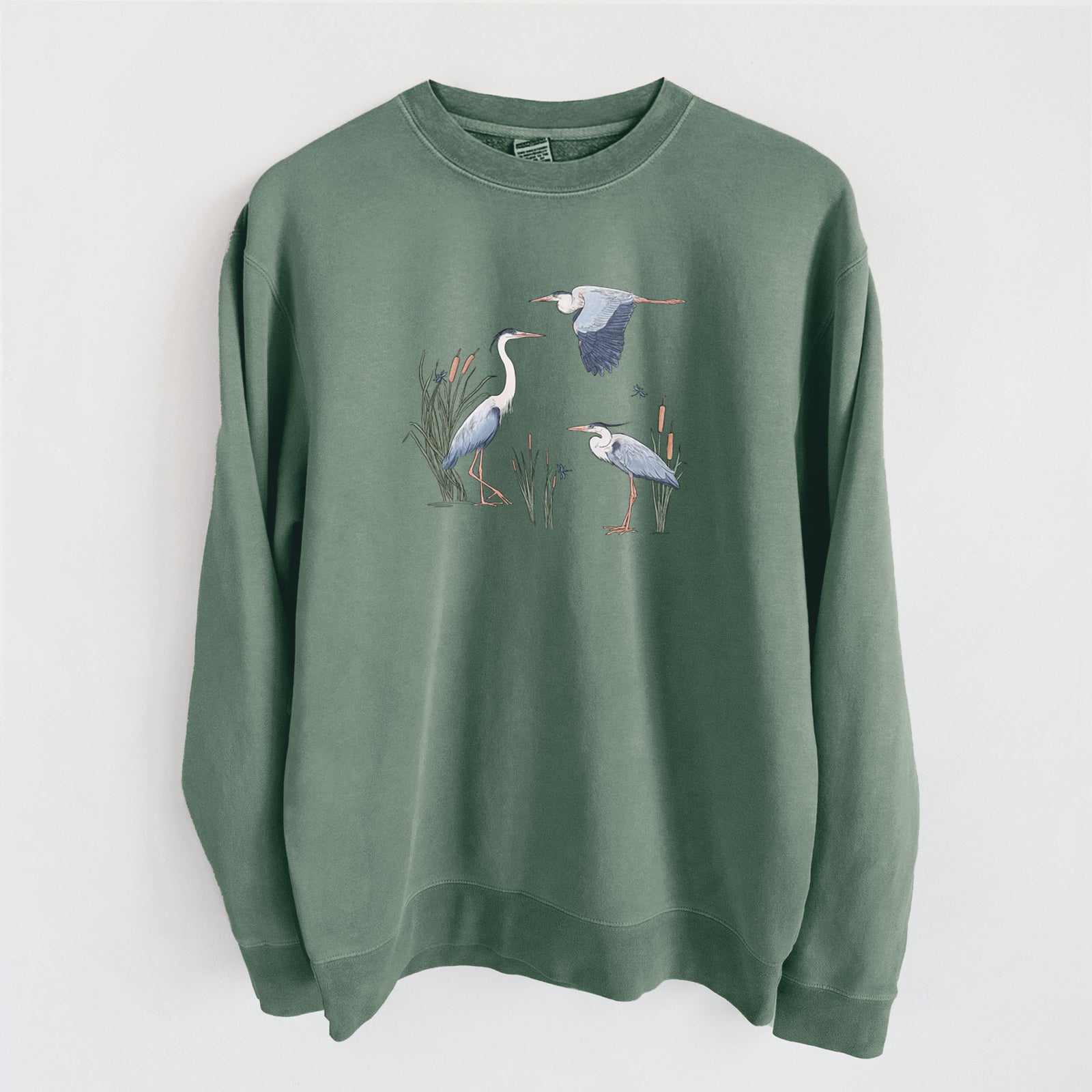 Great Blue Herons in the Cattails - Unisex Pigment Dyed Crew Sweatshirt in Alpine Green