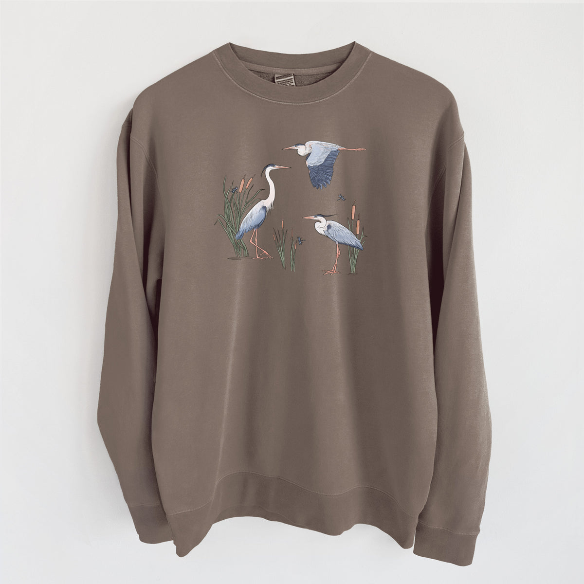 Great Blue Herons in the Cattails - Unisex Pigment Dyed Crew Sweatshirt in Espresso