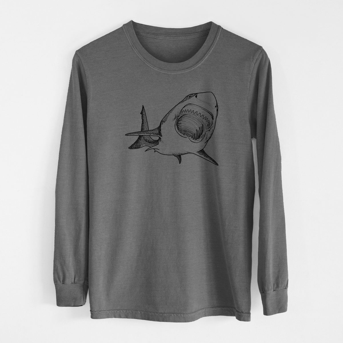 Pepper Comfort Colors long sleeve shirt laid flat, printed with a black ink illustration of a great white shark swimming toward the viewer with its mouth open.