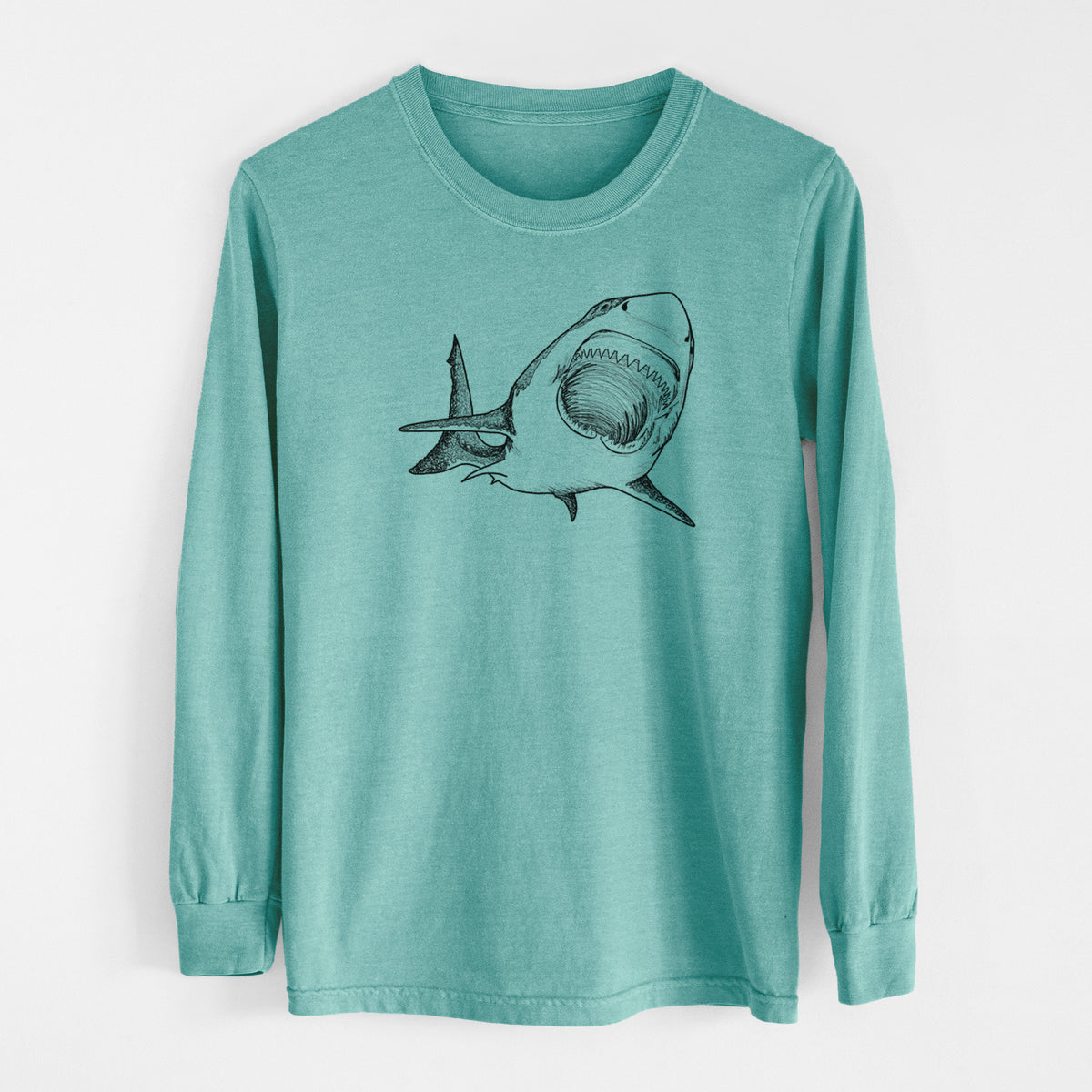 Reef green Comfort Colors long sleeve shirt laid flat, printed with a black ink illustration of a great white shark swimming toward the viewer with its mouth open.