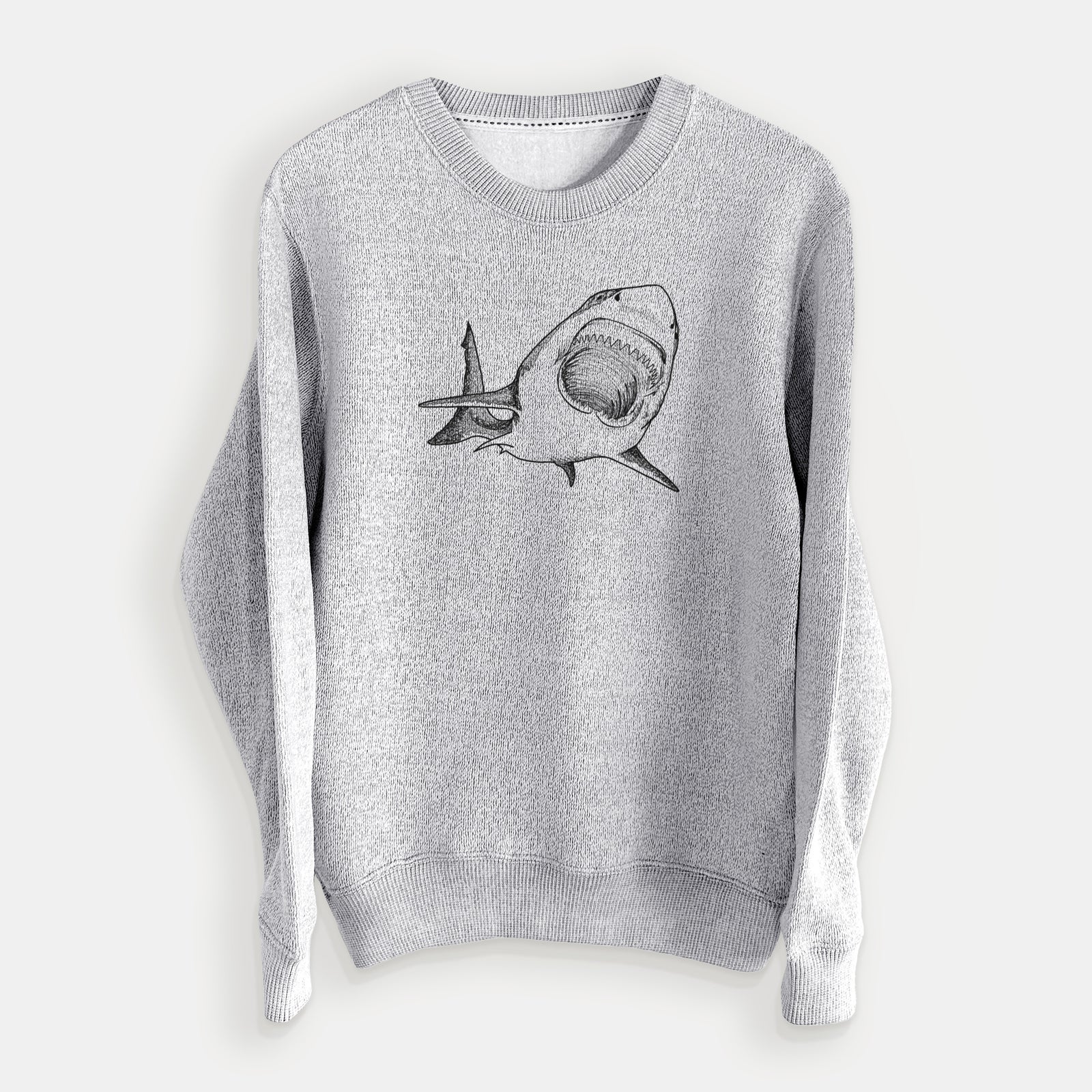 Salt and pepper knit sweatshirt laid flat, printed with a black ink illustration of a great white shark swimming toward the viewer with its mouth open.