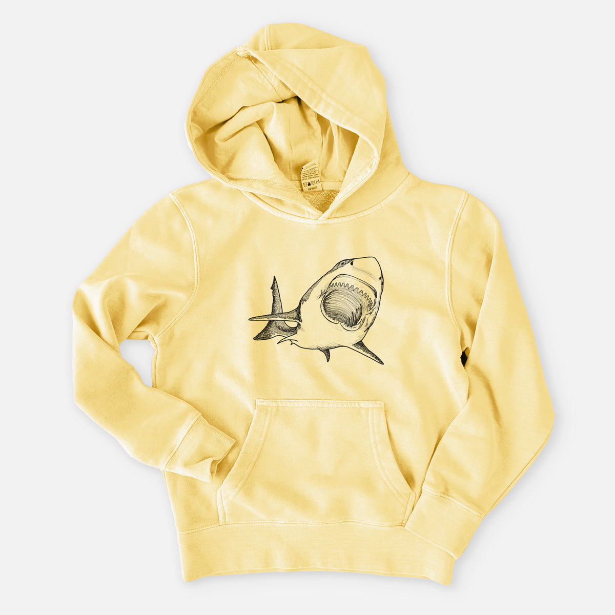 Pigment yellow youth pigment dyed hoodie laid flat, printed with a black ink illustration of a great white shark swimming toward the viewer with its mouth open.