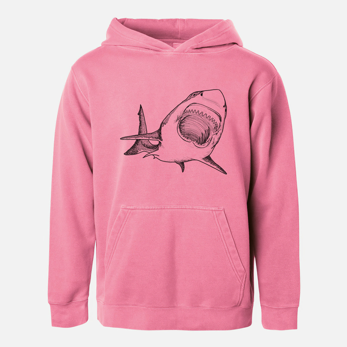 Pigment pink youth pigment dyed hoodie laid flat, printed with a black ink illustration of a great white shark swimming toward the viewer with its mouth open.