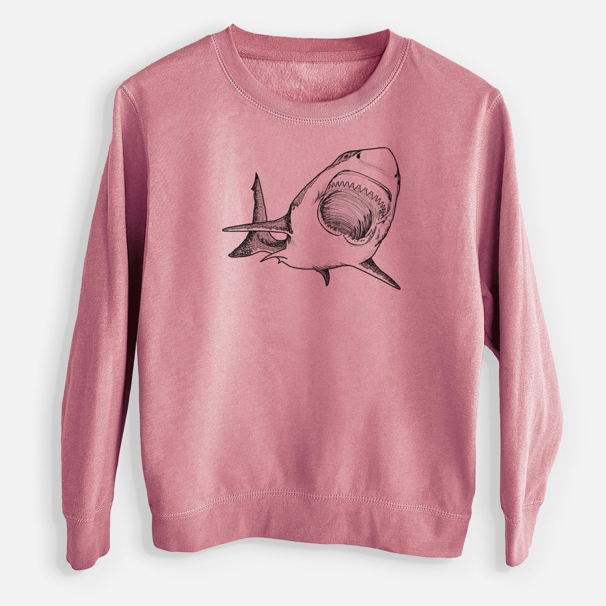 Mauve pink youth crewneck sweatshirt laid flat, printed with a black ink illustration of a great white shark swimming toward the viewer with its mouth open.