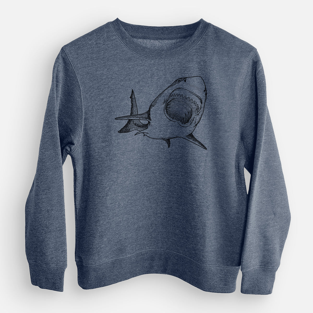 Storm blue youth crewneck sweatshirt laid flat, printed with a black ink illustration of a great white shark swimming toward the viewer with its mouth open.