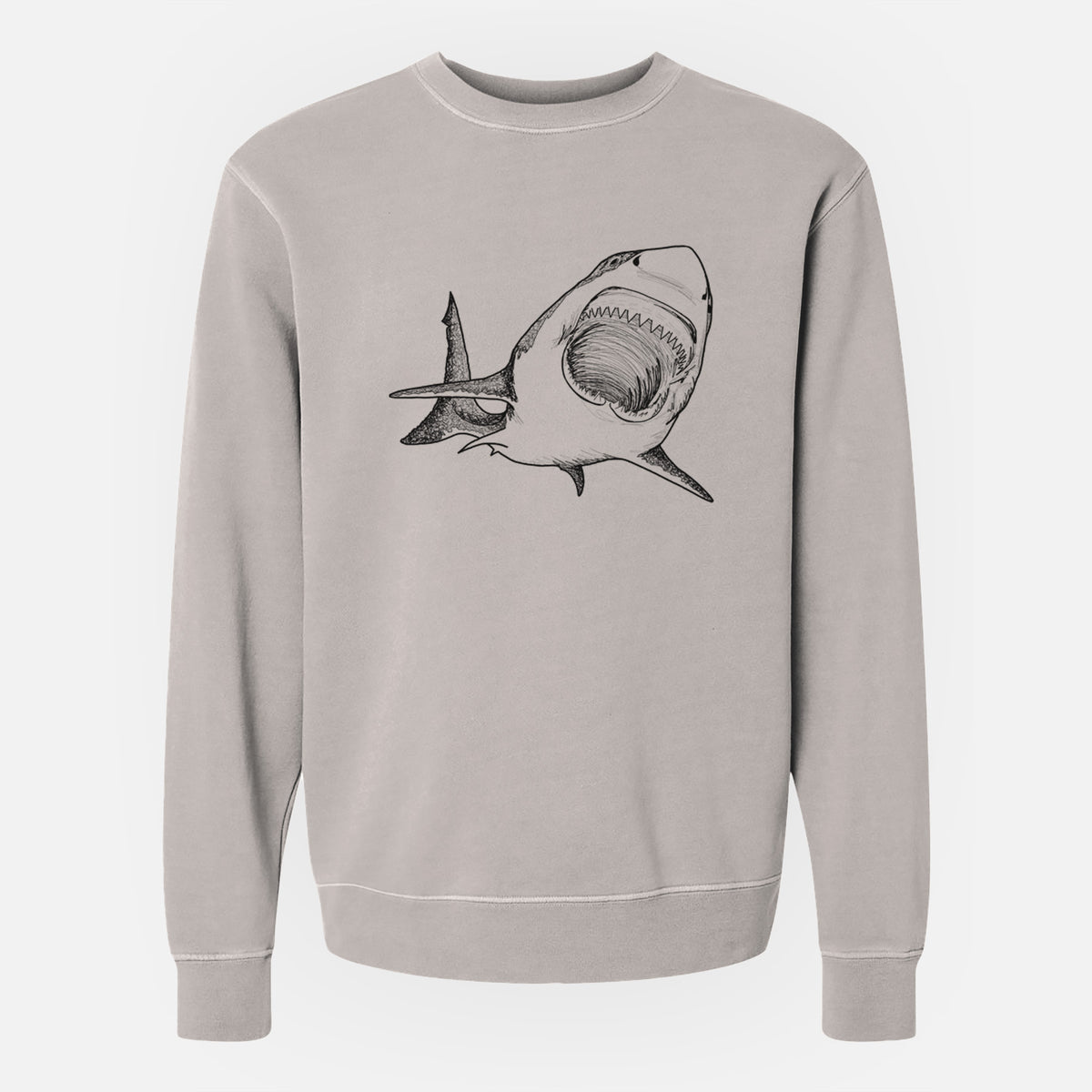 Cement grey pigment dyed crewneck sweatshirt laid flat, printed with a black ink illustration of a great white shark swimming toward the viewer with its mouth open.