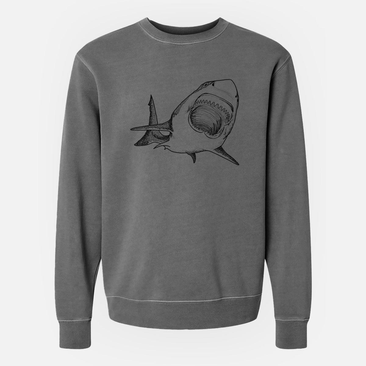 Faded black pigment dyed crewneck sweatshirt laid flat, printed with a black ink illustration of a great white shark swimming toward the viewer with its mouth open.
