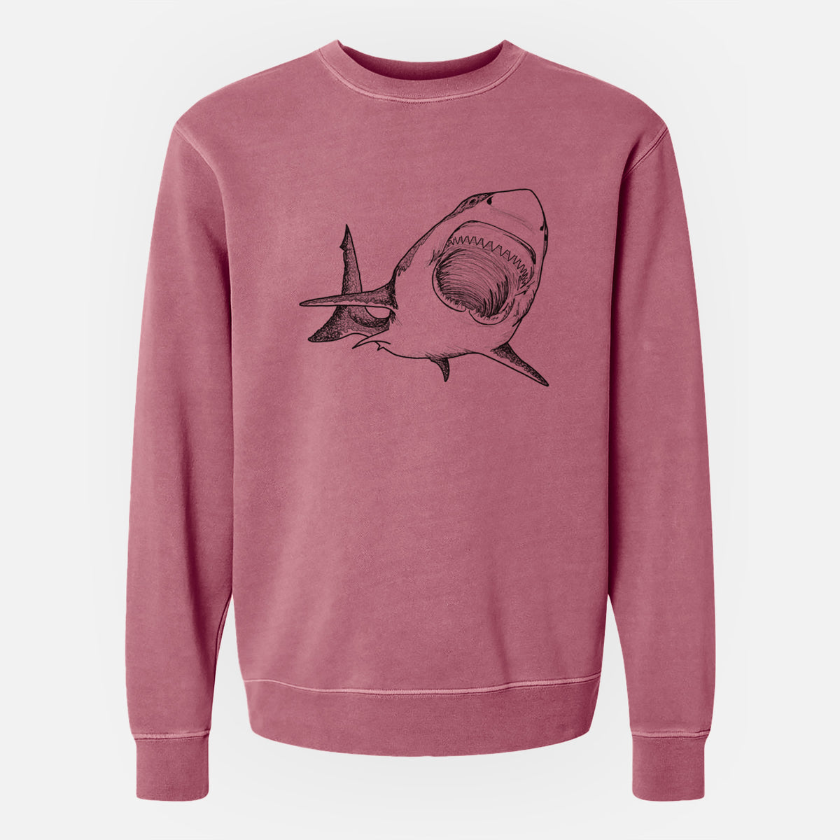 Maroon pigment dyed crewneck sweatshirt laid flat, printed with a black ink illustration of a great white shark swimming toward the viewer with its mouth open.
