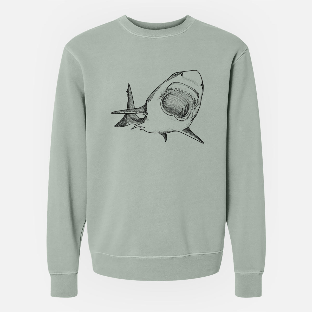 Sage green pigment dyed crewneck sweatshirt laid flat, printed with a black ink illustration of a great white shark swimming toward the viewer with its mouth open.