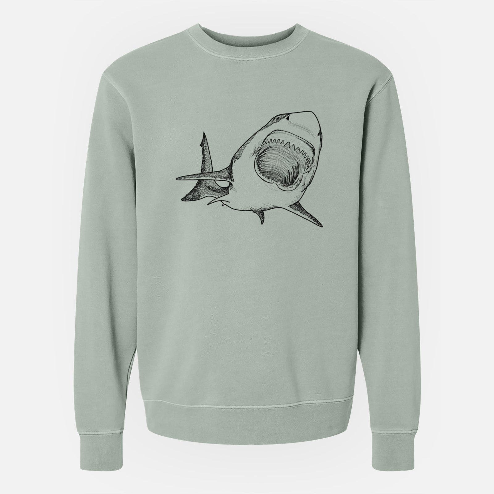 Sage green pigment dyed crewneck sweatshirt laid flat, printed with a black ink illustration of a great white shark swimming toward the viewer with its mouth open.
