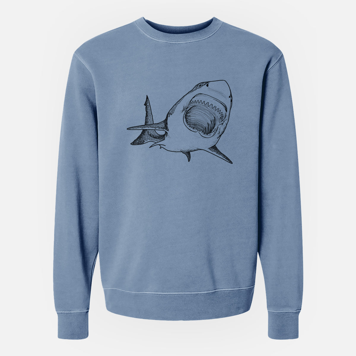 Slate blue pigment dyed crewneck sweatshirt laid flat, printed with a black ink illustration of a great white shark swimming toward the viewer with its mouth open.