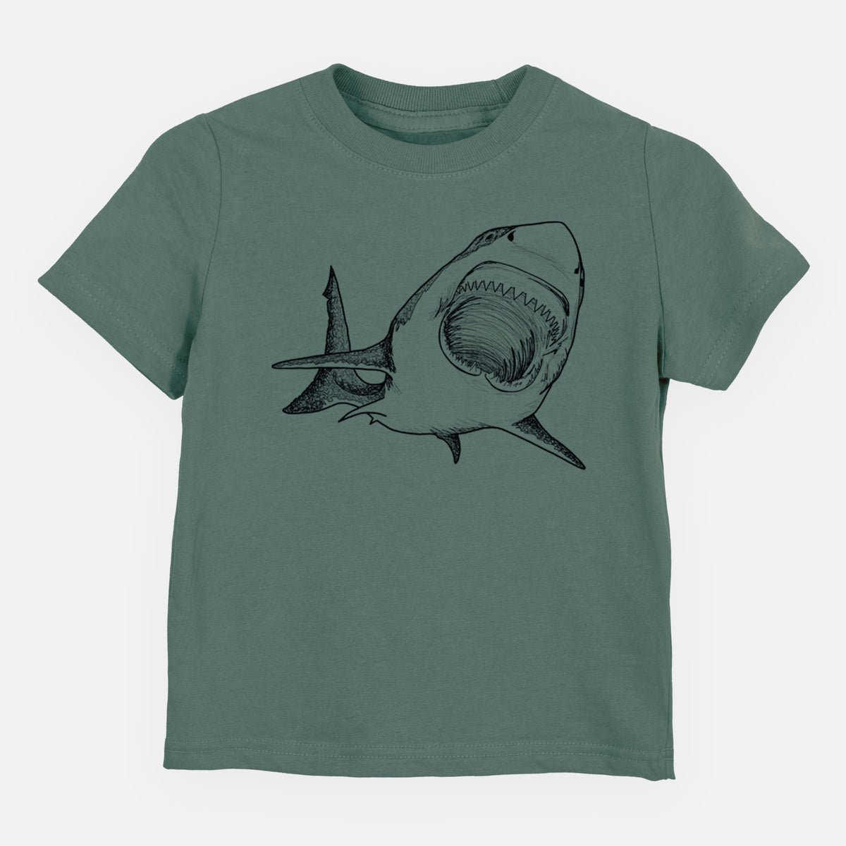 Basil green toddler t-shirt laid flat, printed with a black ink illustration of a great white shark swimming toward the viewer with its mouth open.