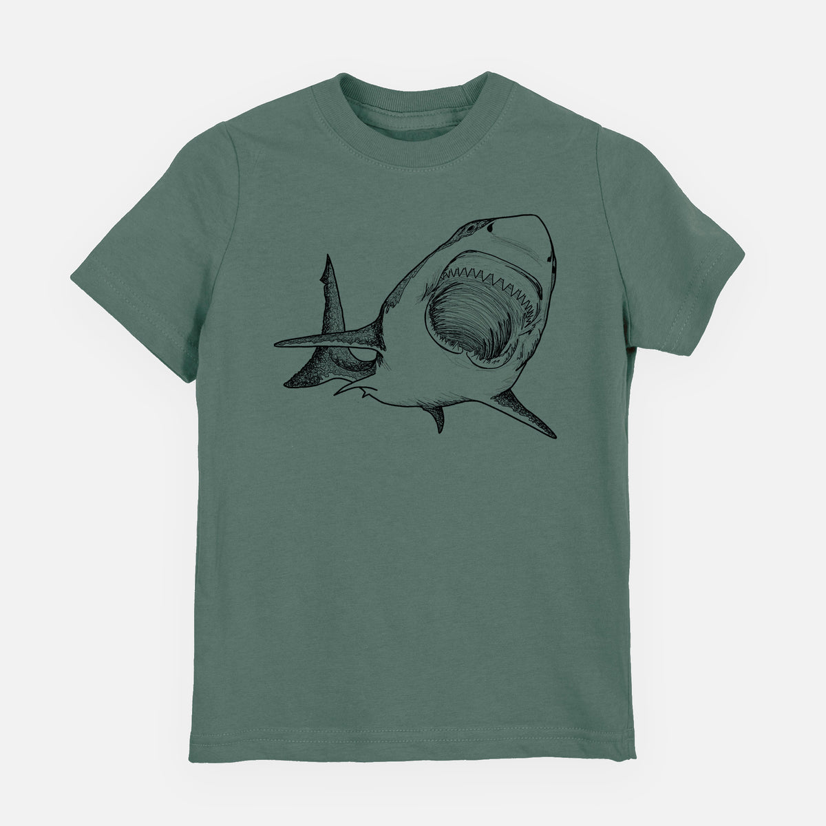 Basil green youth t-shirt laid flat, printed with a black ink illustration of a great white shark swimming toward the viewer with its mouth open.