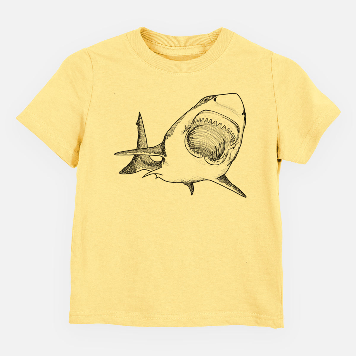Butter yellow toddler t-shirt laid flat, printed with a black ink illustration of a great white shark swimming toward the viewer with its mouth open.