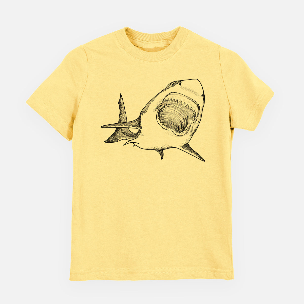 Butter yellow youth t-shirt laid flat, printed with a black ink illustration of a great white shark swimming toward the viewer with its mouth open.