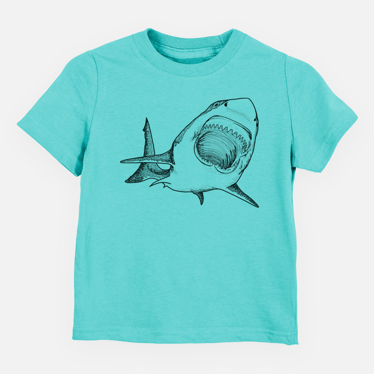 Caribbean blue toddler t-shirt laid flat, printed with a black ink illustration of a great white shark swimming toward the viewer with its mouth open.