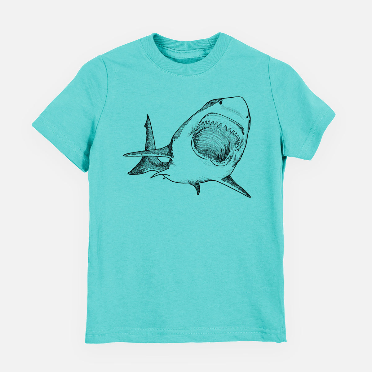 Caribbean blue youth t-shirt laid flat, printed with a black ink illustration of a great white shark swimming toward the viewer with its mouth open.