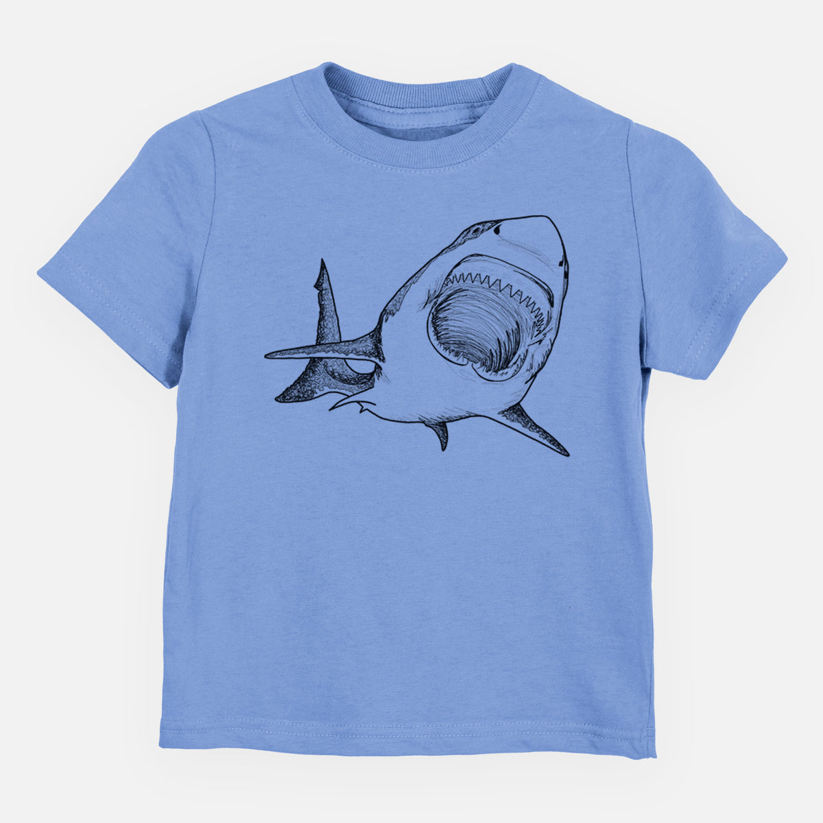 Carolina blue toddler t-shirt laid flat, printed with a black ink illustration of a great white shark swimming toward the viewer with its mouth open.
